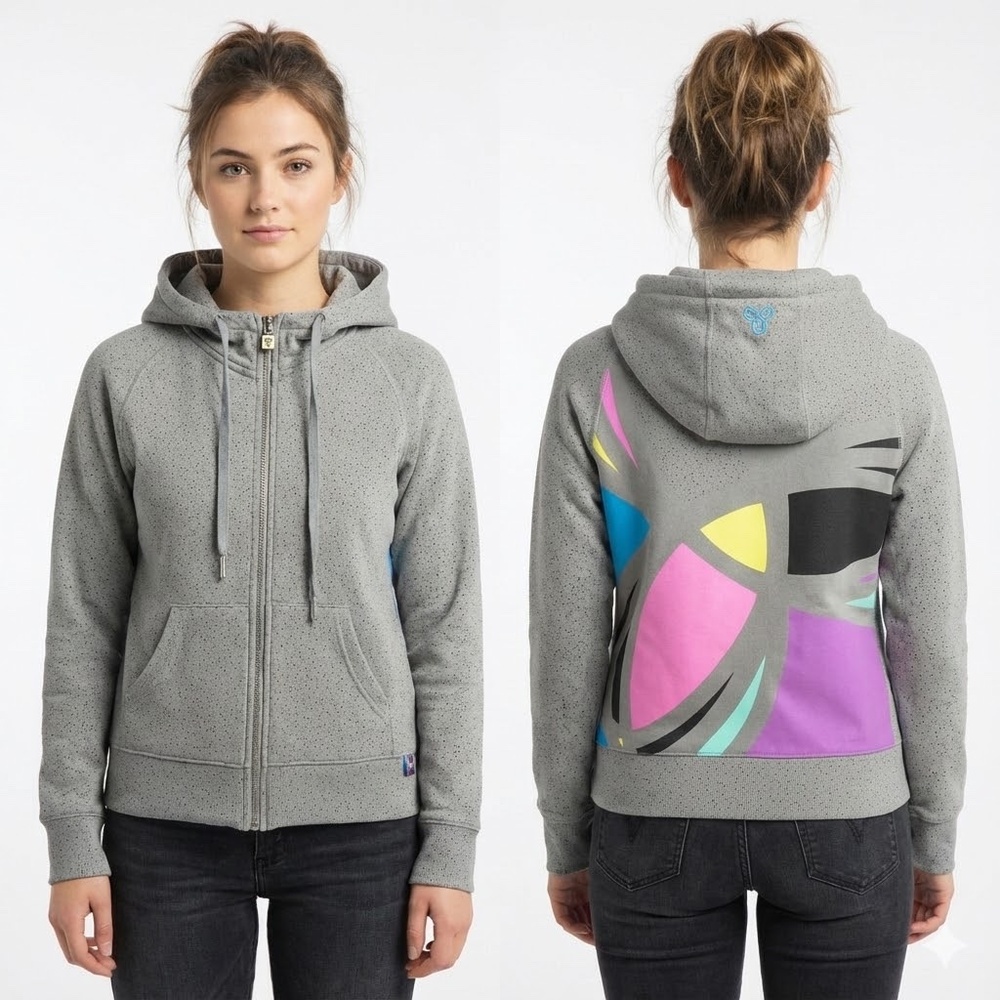 TNA Aritzia Grey Speckled Zip Hoodie Abstract Geometric Back Graphic